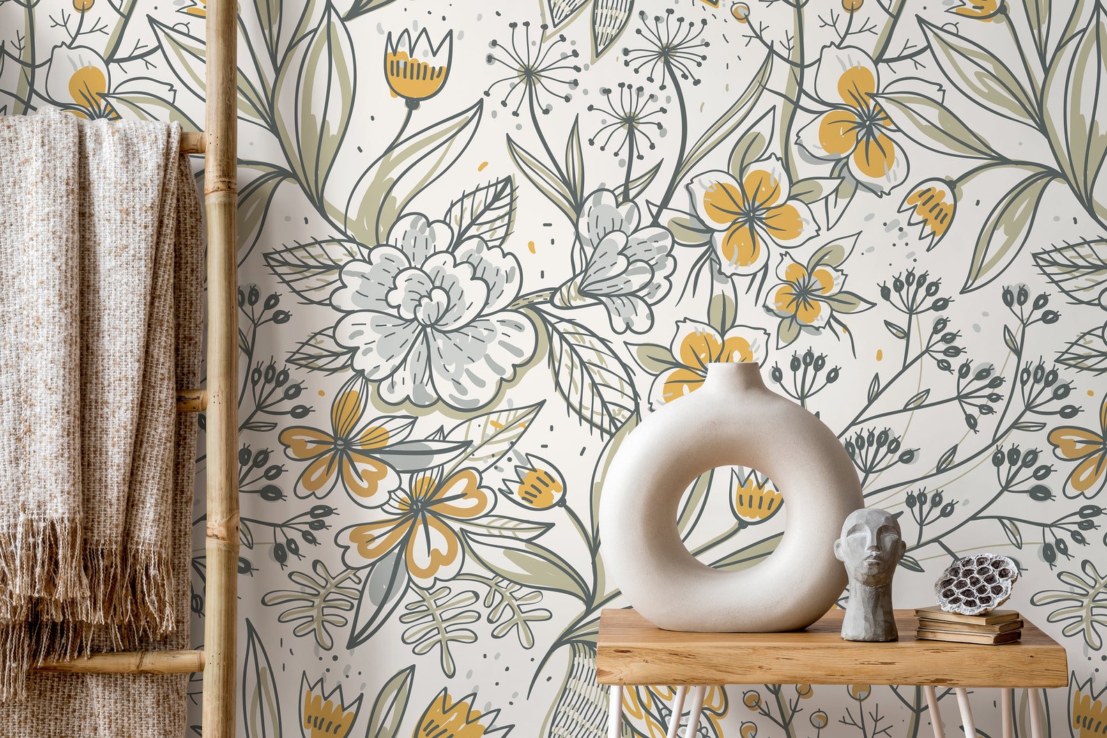 Cottagecore Wildflower Sketch Wallpaper in Sage and Gold on White ...