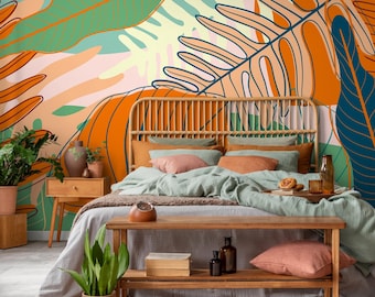 Tropical Wallpaper with Abstract Leaves in Orange, Green, and Pink - C075