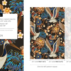 May include: A black and gold wallpaper pattern featuring white cranes, blue and gold chrysanthemums, and red and gold flowers. The pattern repeats every 48 inches and requires two 24-inch wide rolls. SKU D245. ONDECOR.