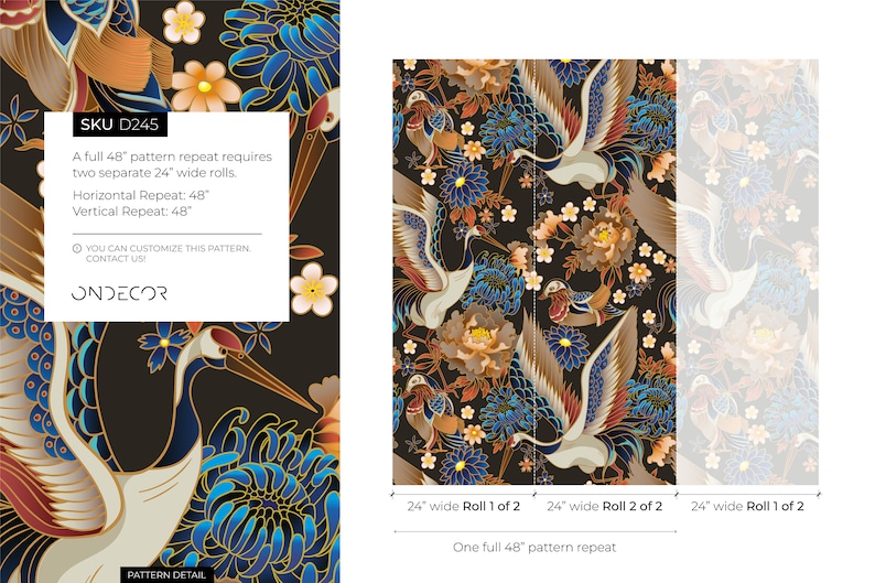 May include: A black and gold wallpaper pattern featuring white cranes, blue and gold chrysanthemums, and red and gold flowers. The pattern repeats every 48 inches and requires two 24-inch wide rolls. SKU D245. ONDECOR.