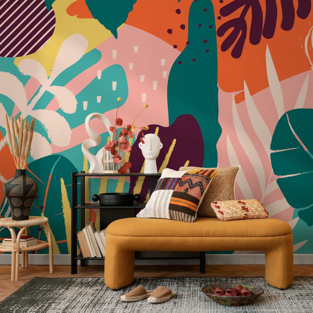 Abstract Wallpaper With Bold Botanical Forms in Teal, Orange, and ...