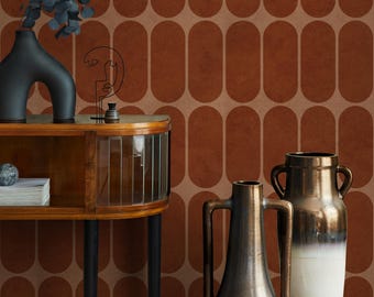 Geometric Wallpaper with a Mid-Century Arch Motif in Terracotta and Beige - E397