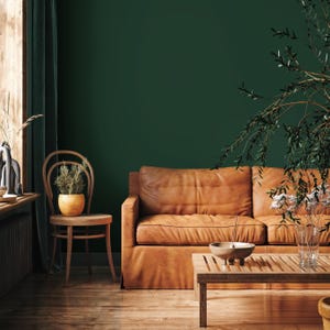 May include: A living room with a dark green wall and hardwood floor. A brown leather sofa and wooden coffee table are in the center. A wooden chair with a potted plant sits to the left. A vase of flowers and a plant are on the table.