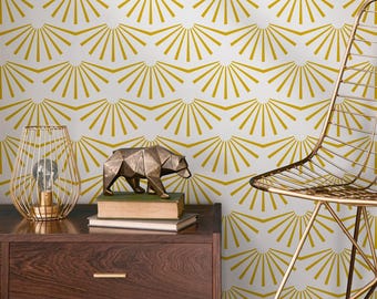 Art Deco Wallpaper with a Stylized Fan Motif in Mustard Yellow - B911