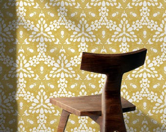 Mid-Century Wallpaper with a Floral Medallion in Mustard and White - X029