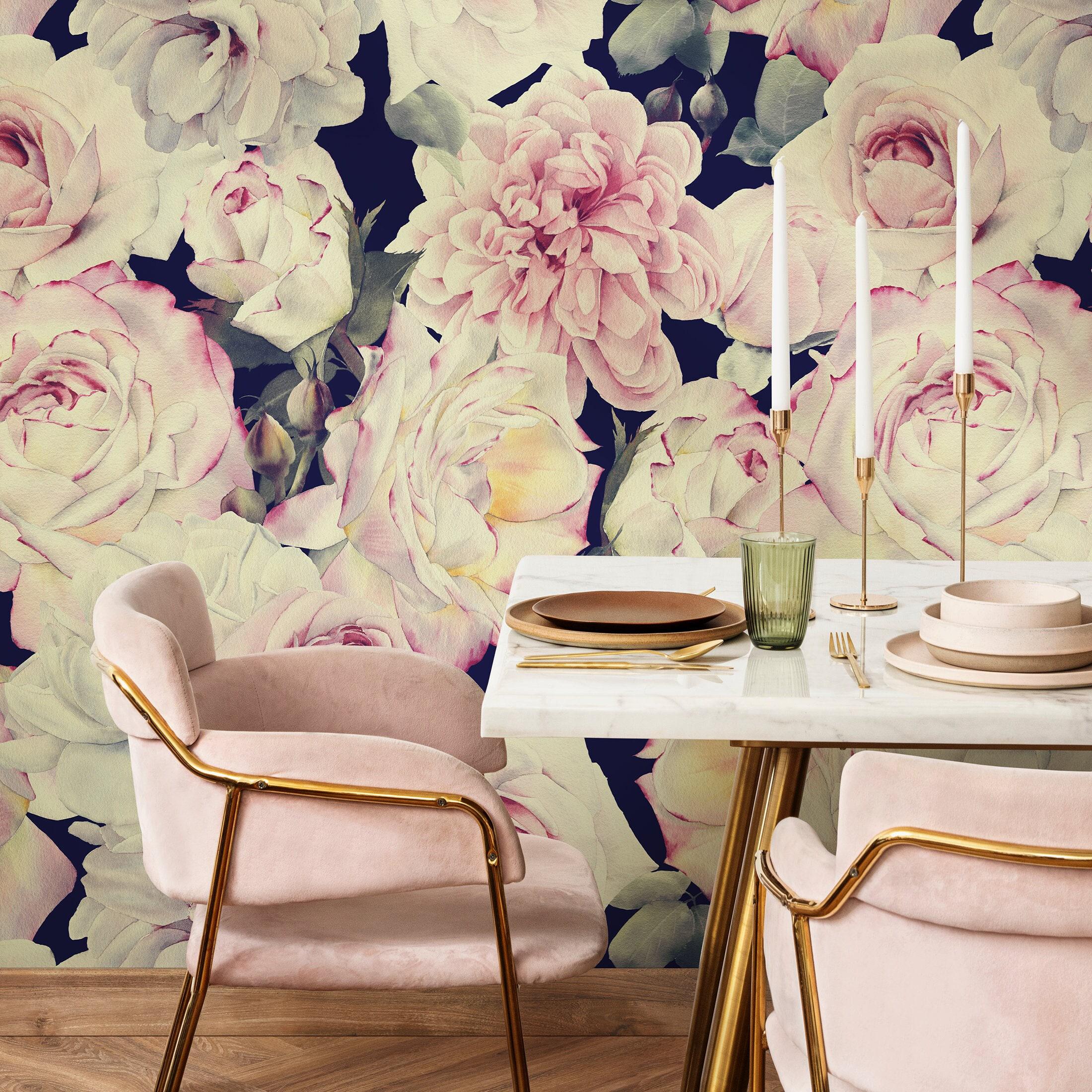 Victorian Floral Pink & Black Wallpaper - A221 - Etsy