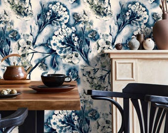 Floral Wallpaper with Vintage Watercolor Blossoms in Blue and White - A306