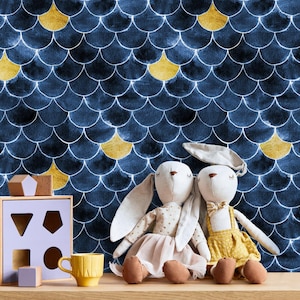 Art Deco Geometric Blue Gold Wallpaper - X091