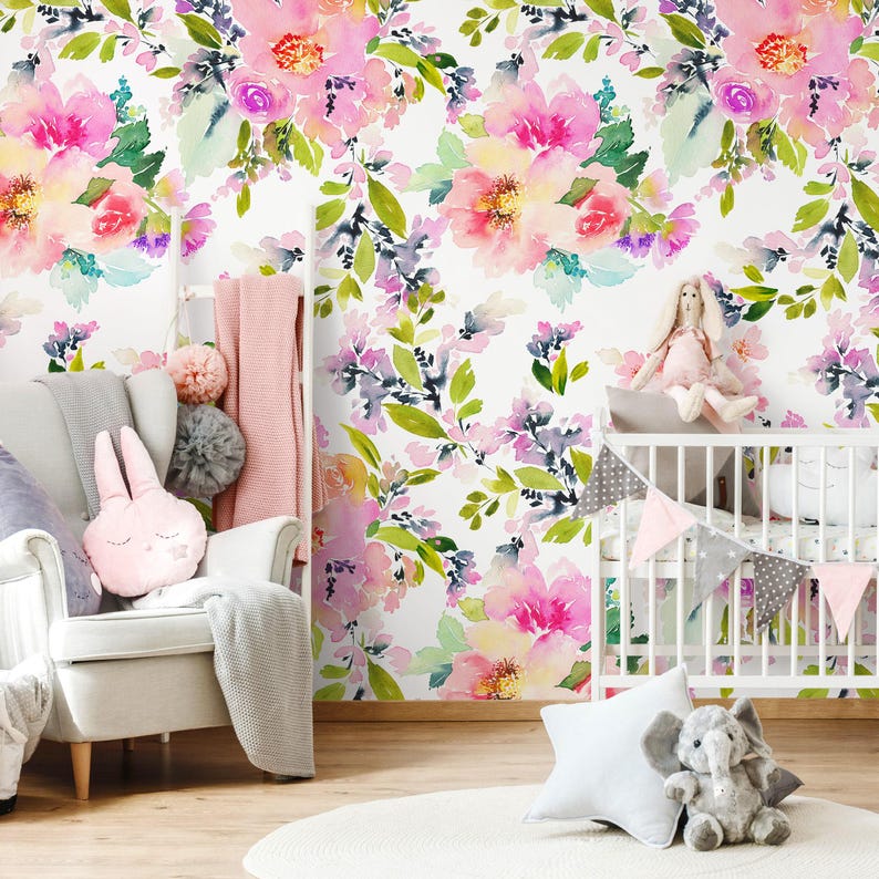 Watercolor Floral Contemporary Pink Wallpaper - A130 - Etsy