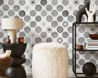 Abstract Wallpaper with Hand-Drawn Textured Circles in Black and White - B897