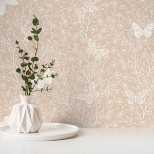 Beige Butterfly Floral Wallpaper / Peel and Stick Wallpaper Removable Wallpaper Home Decor Wall Art Wall Decor Room Decor C703 image 2
