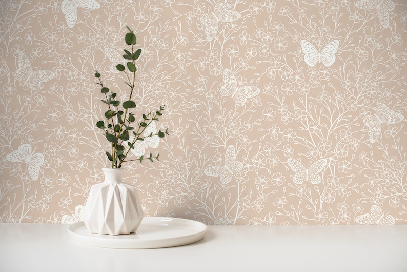 Beige Butterfly Floral Wallpaper / Peel and Stick Wallpaper Removable Wallpaper Home Decor Wall Art Wall Decor Room Decor C703 image 2