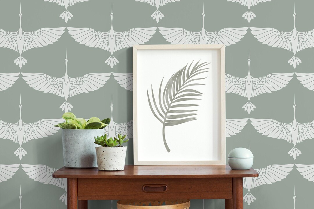 Art Deco Wallpaper With a Flying Cranes Motif in Sage Green and White ...