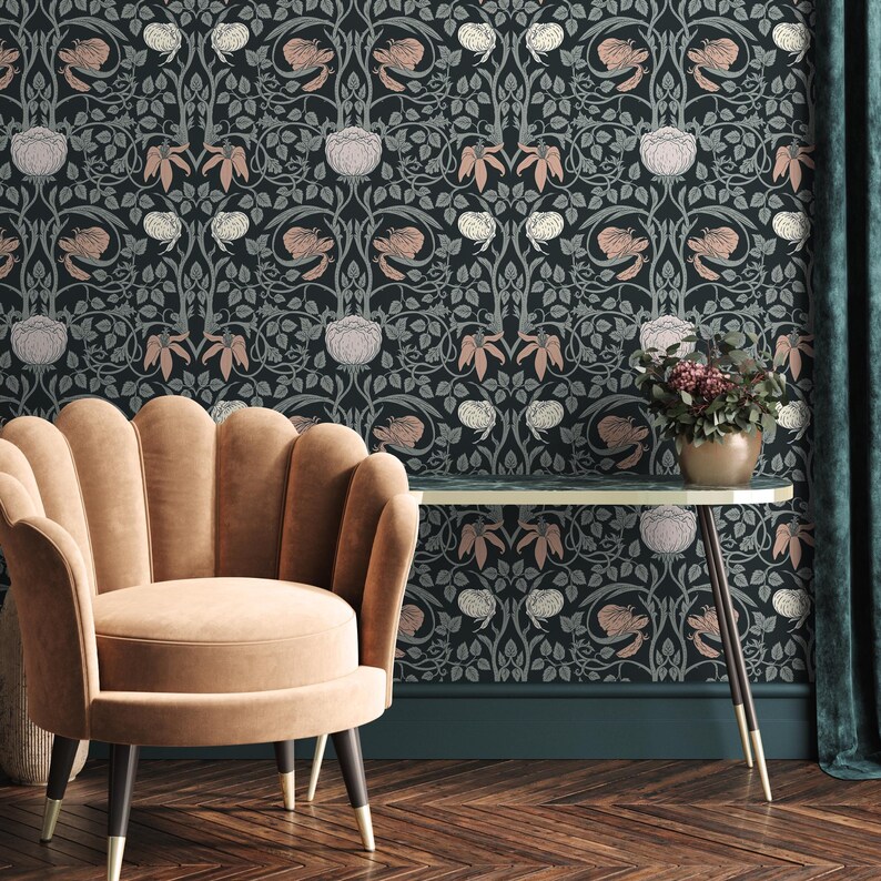 Art Deco Botanical Dusky Green Wallpaper - B900 - Etsy