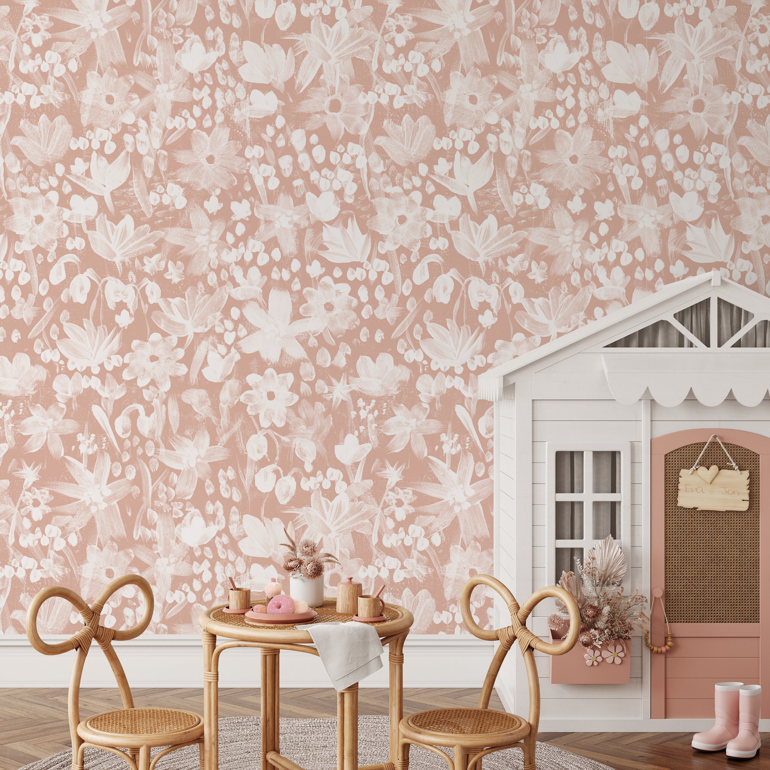 Floral Wallpaper in Clay and Cream on Cream - Peel and Stick