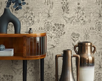 Vintage Wallpaper with Botanical and Insect Sketches in Brown and Beige - E576