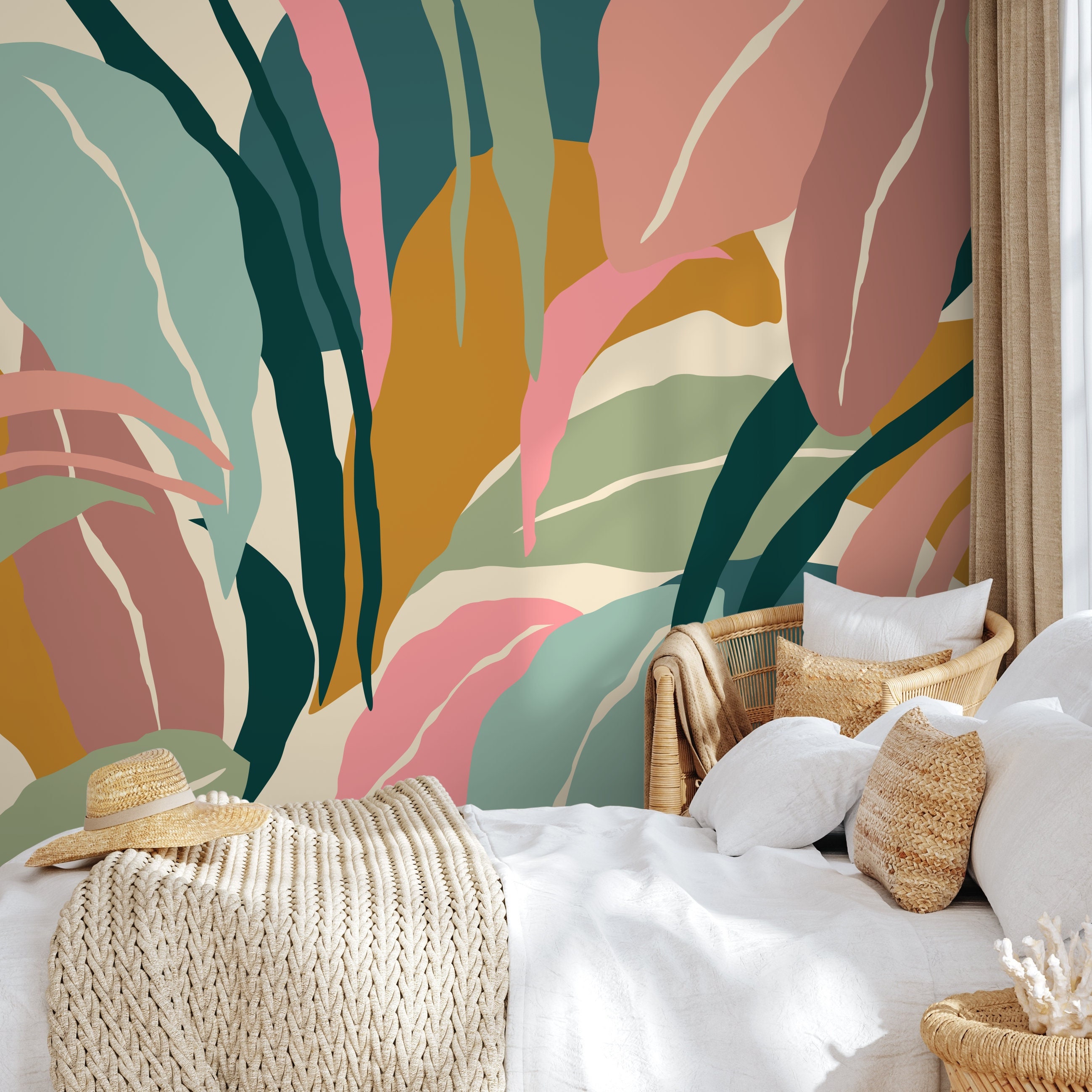 Colorful Tropical Leaves Mural Wallpaper Peel and Stick and Traditional ...