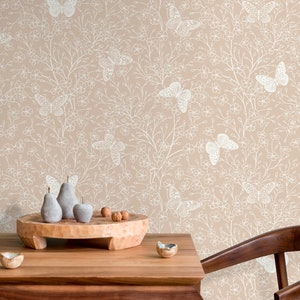 Beige Butterfly Floral Wallpaper / Peel and Stick Wallpaper Removable Wallpaper Home Decor Wall Art Wall Decor Room Decor C703 image 5