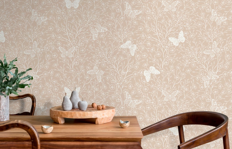 Beige Butterfly Floral Wallpaper / Peel and Stick Wallpaper Removable Wallpaper Home Decor Wall Art Wall Decor Room Decor C703 image 5