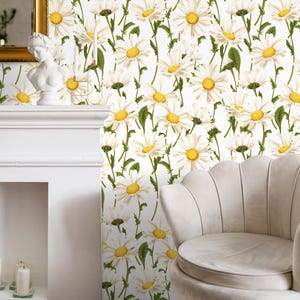 Floral Wallpaper with a Vintage Daisy Motif in Yellow and Green - A209