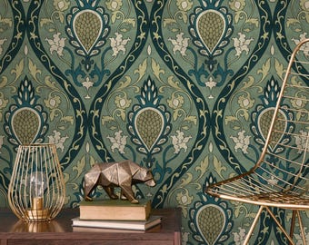 Damask Wallpaper with an Intricate Ogee Motif in Green, Teal, and Cream - E520