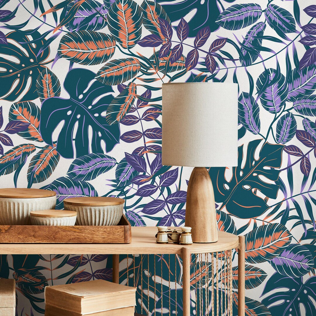 Botanical Wallpaper With Lush Monstera Leaves in Teal, Purple, and ...