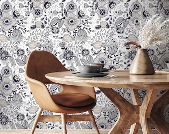 Botanical Wallpaper with a Hand-Drawn Floral Motif in Navy and Beige - A406