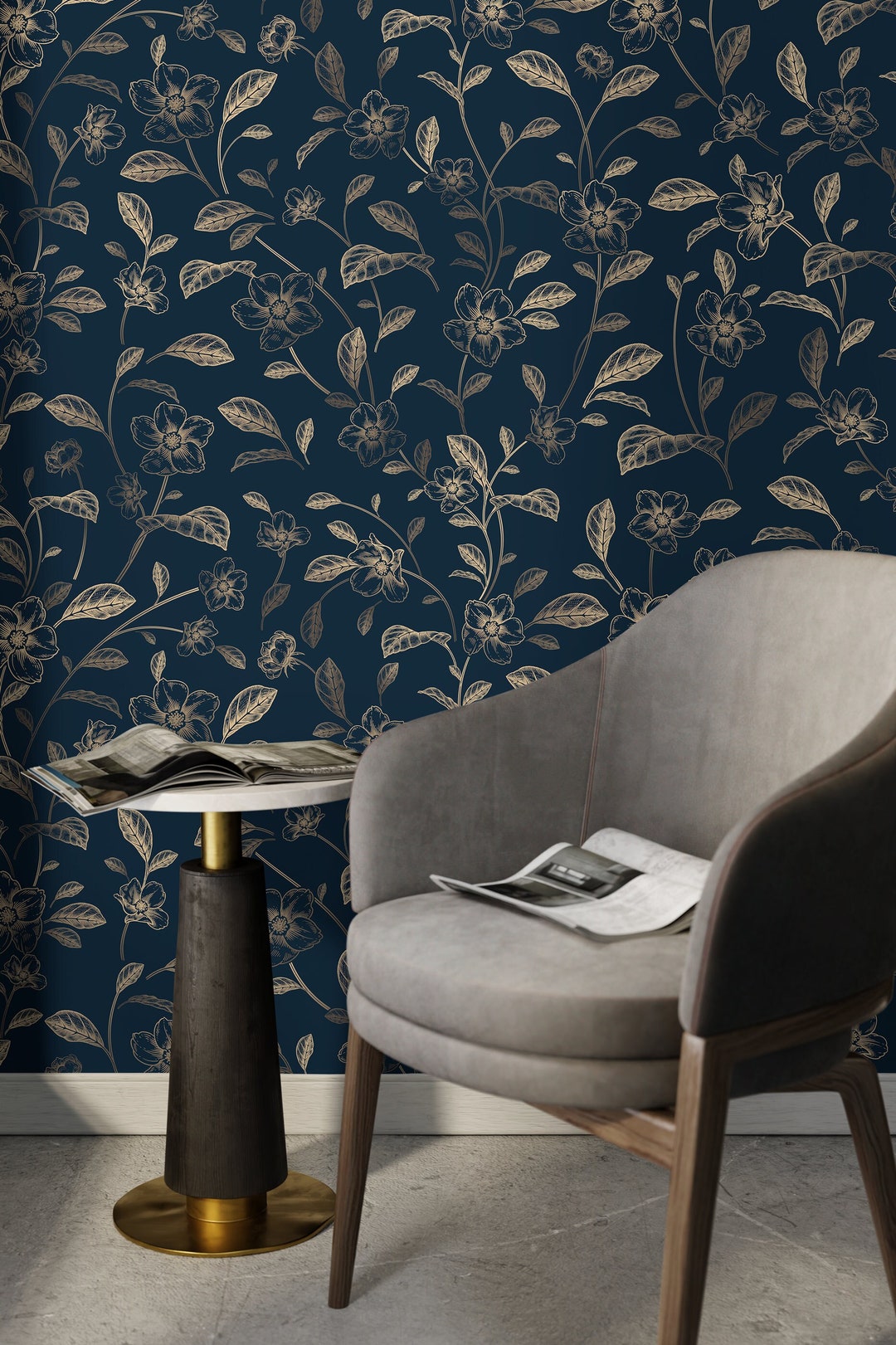 Navy and Gold Floral Vintage Wallpaper / Peel and Stick Wallpaper