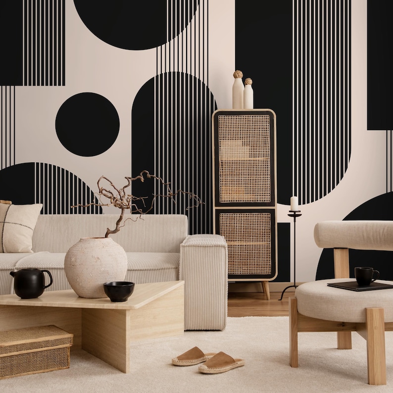 Geometric Wallpaper in Black and Beige - AS2 on Black - Peel and Stick