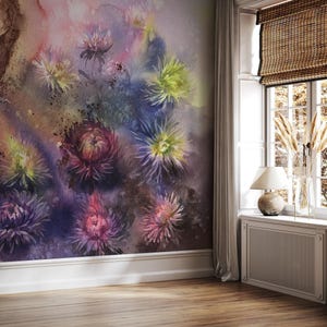 May include: Watercolor floral wall mural featuring a cluster of colorful flowers in shades of purple, pink, yellow, and blue. The artwork is displayed on a wall with a white baseboard, next to a window with a bamboo shade and a lamp.