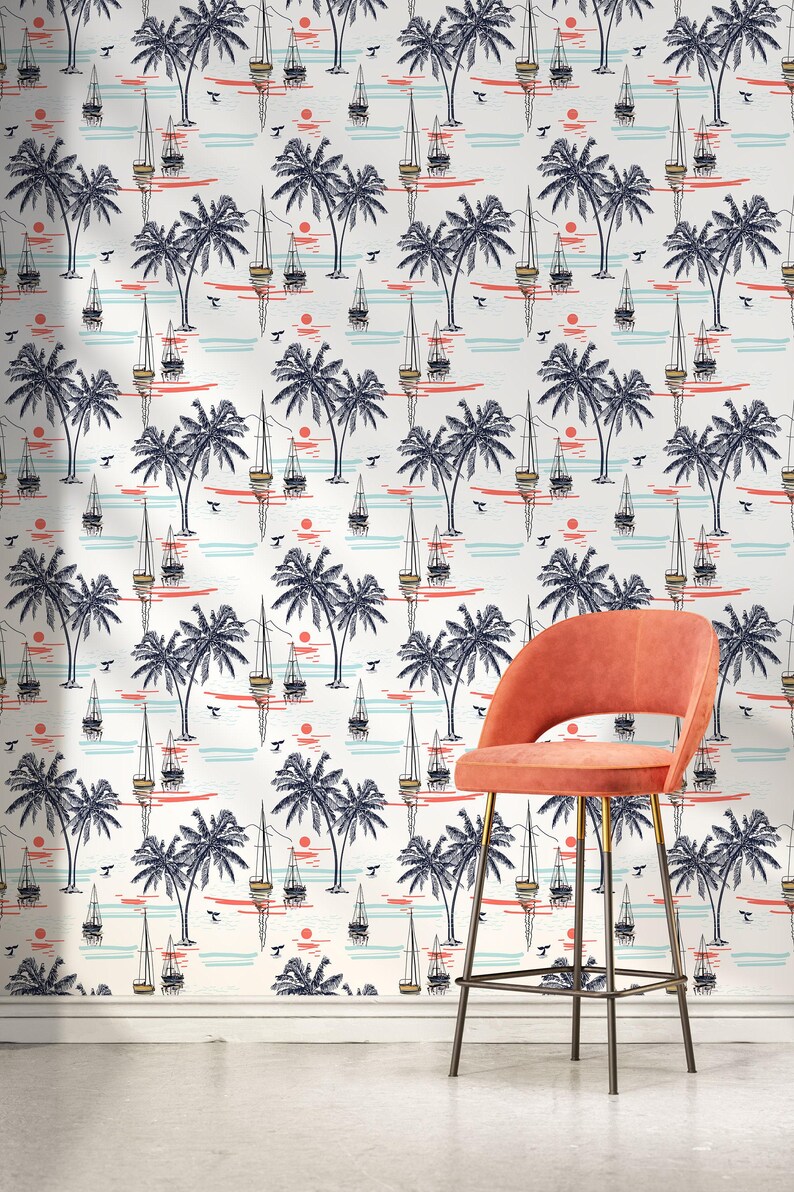 Coastal Wallpaper With Palm Trees and Sailboats in Blue and Coral ...
