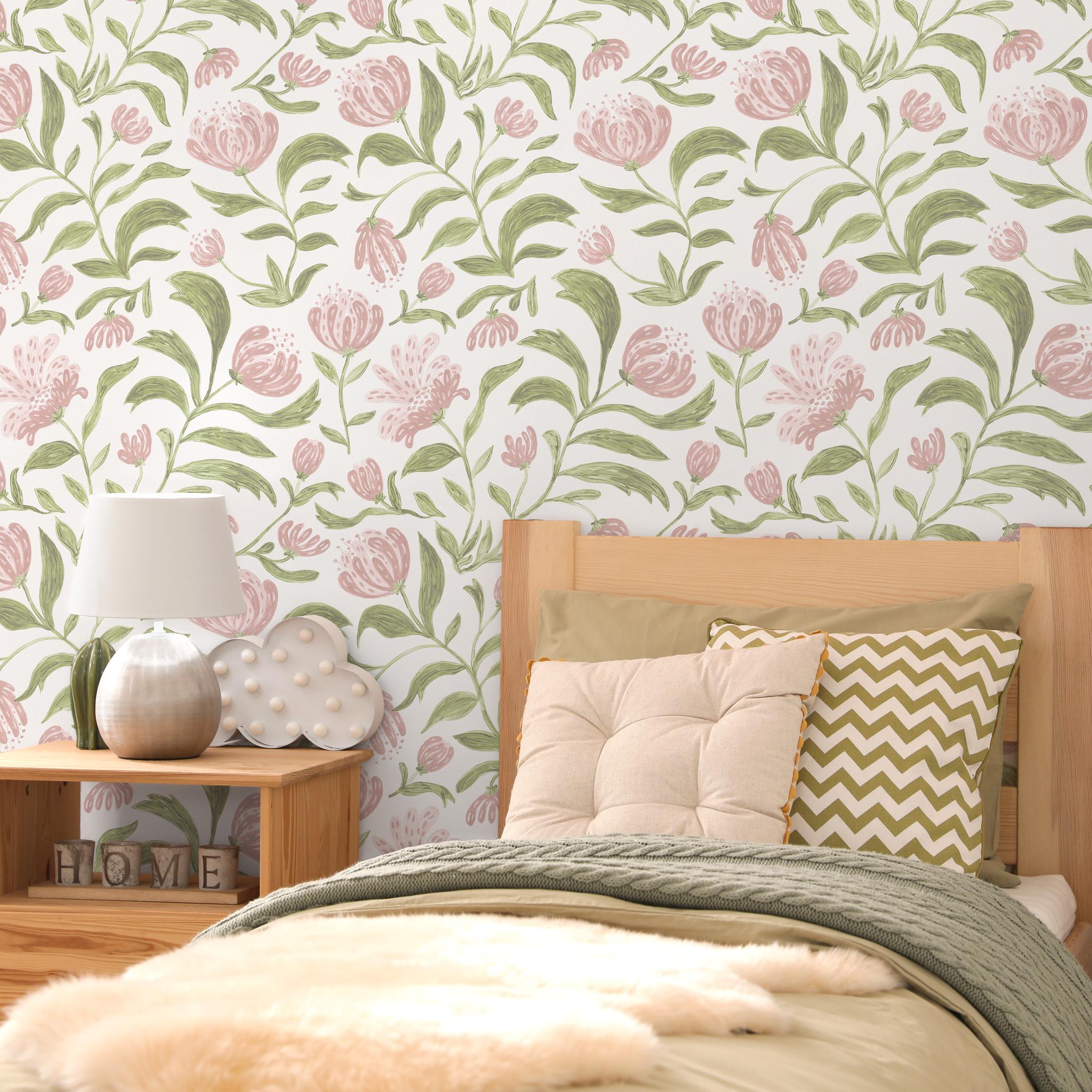 Floral Wallpaper in Pink and Green on White - Peel and Stick - C972 - Etsy