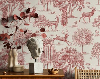 Toile Wallpaper with a Woodland Deer Scene in Red and Beige - E122 C