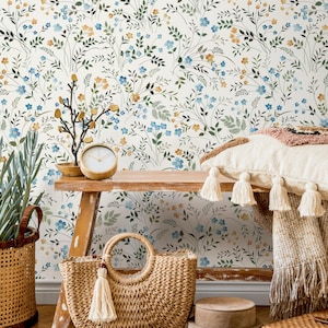 Summer Meadow Floral Wallpaper, Yellow and Blue Flowers Watercolor Wallpaper, Sunflower Wallpaper, Nursery Wallpaper, Daisy Wallpaper - E006