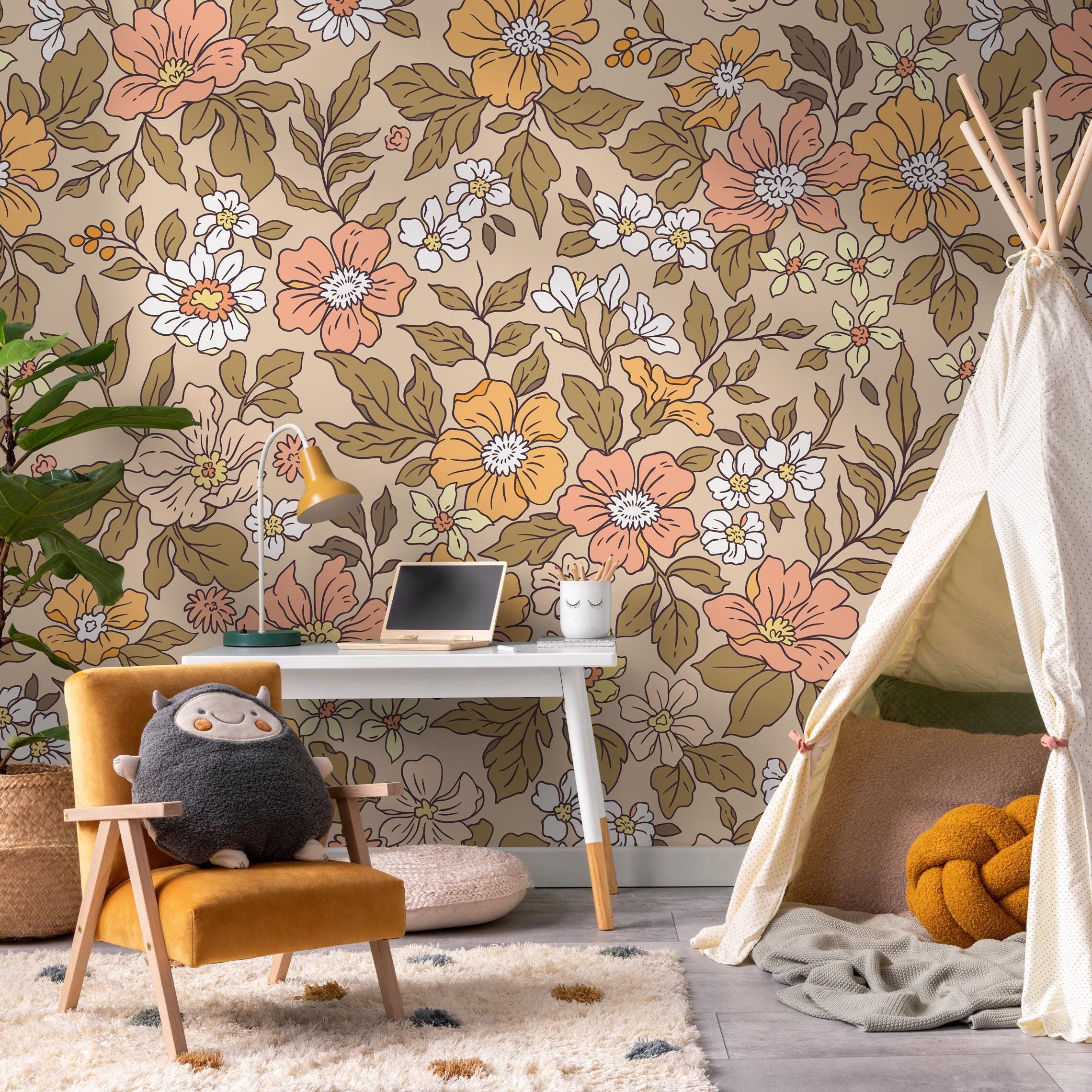 Floral Vintage Peach & Green Wallpaper - ZACD - Etsy