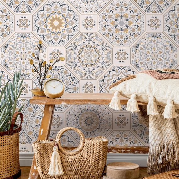 Portuguese Tile Wallpaper Peel and Stick and Traditional Wallpaper - B872