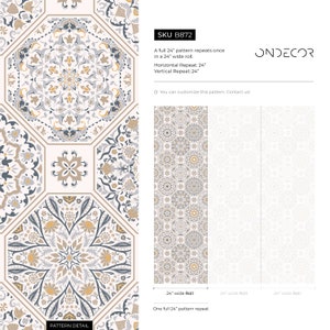 May include: A repeating pattern of geometric shapes in shades of grey, brown, and yellow on a white background. The pattern is 24 inches wide and repeats once in a 24-inch roll. The text "SKU B872" and "ONDECOR" is visible in the image.