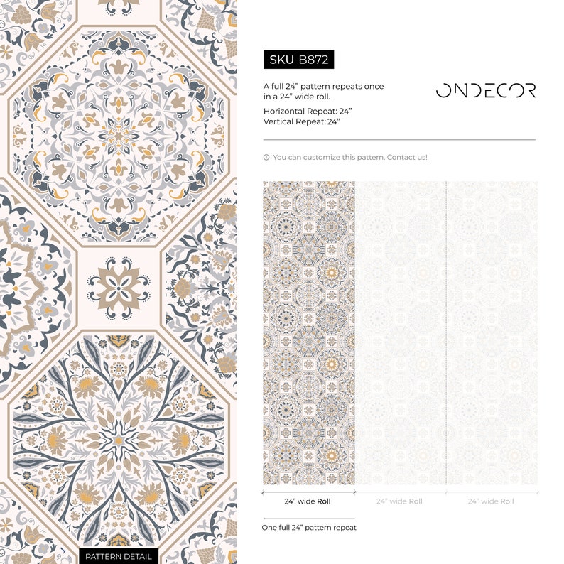 May include: A repeating pattern of geometric shapes in shades of grey, brown, and yellow on a white background. The pattern is 24 inches wide and repeats once in a 24-inch roll. The text "SKU B872" and "ONDECOR" is visible in the image.