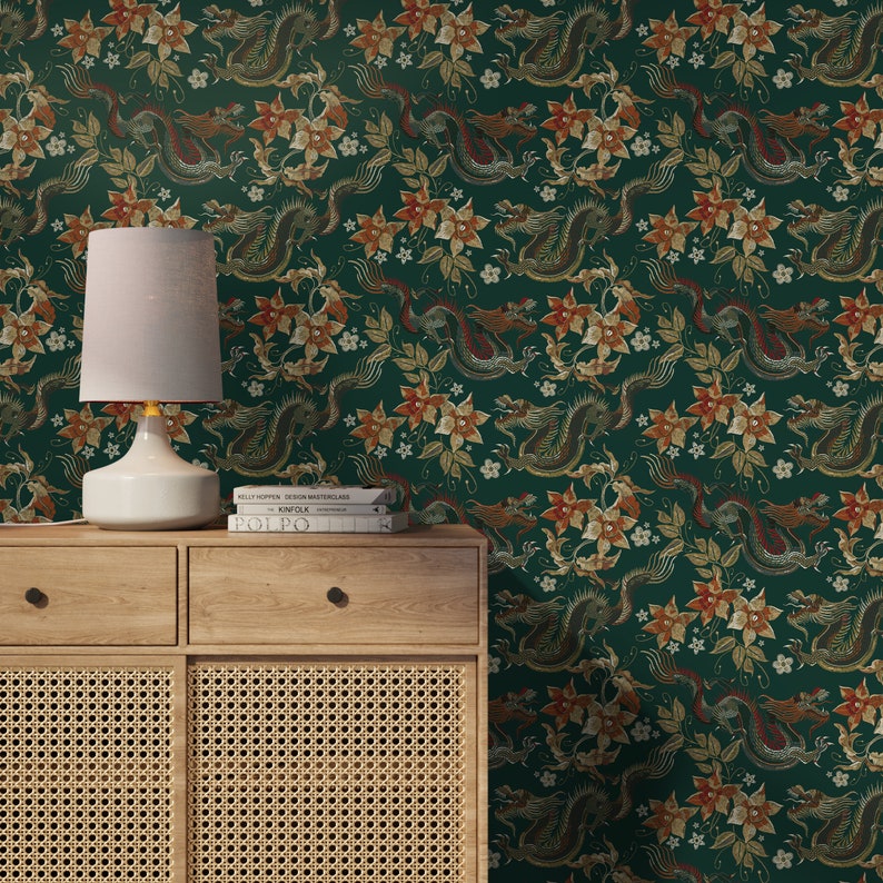 Chinoiserie Wallpaper Floral Dark Green Wallpaper Peel and Stick and Traditional Wallpaper D873 image 5