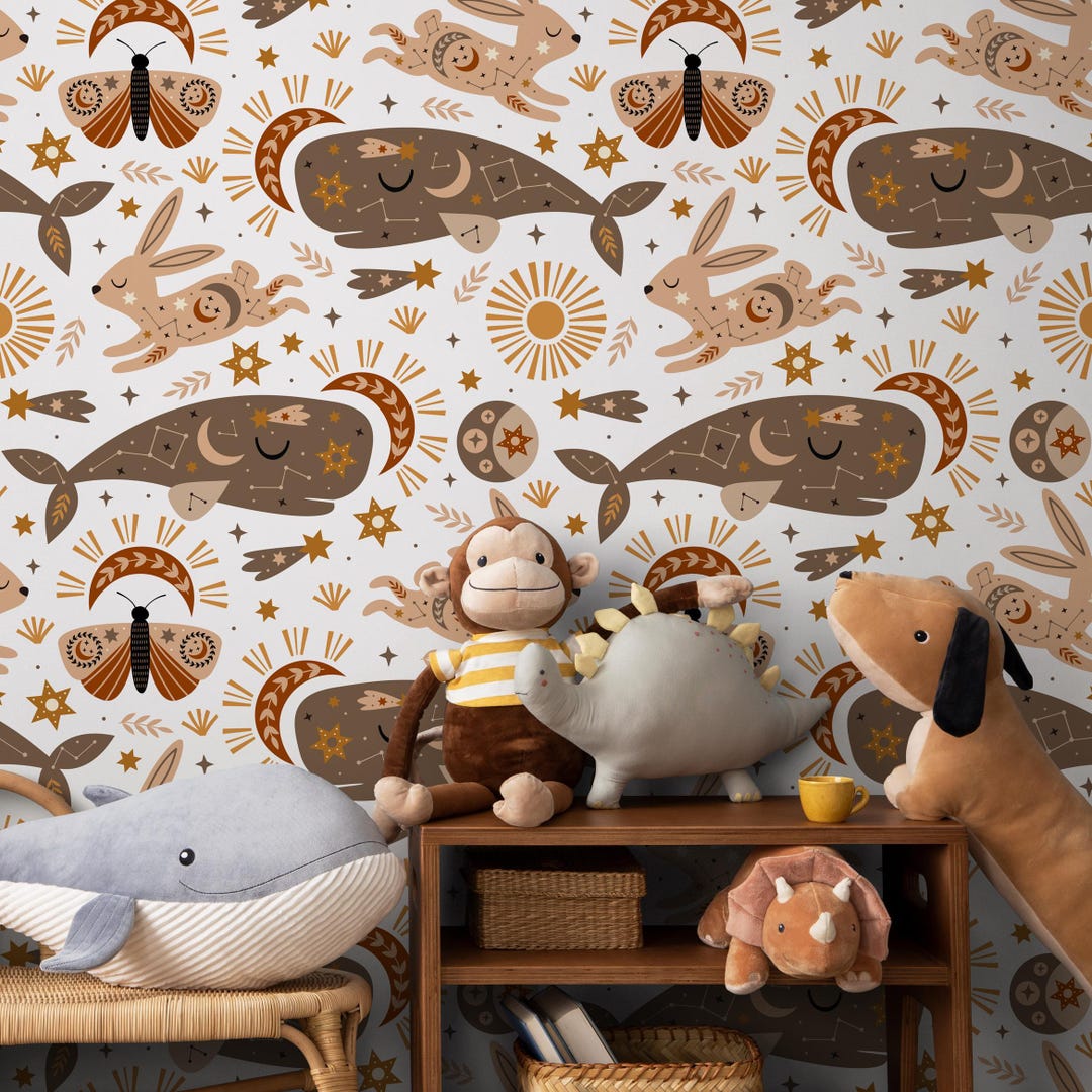 Animal Wallpaper With Celestial Whales and Rabbits in Brown, Tan, and ...