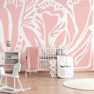 Mid-Century Abstract Floral Pink White Wallpaper - D635