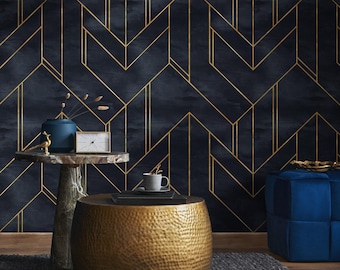 Art Deco Geometric Navy Gold Wallpaper - A239