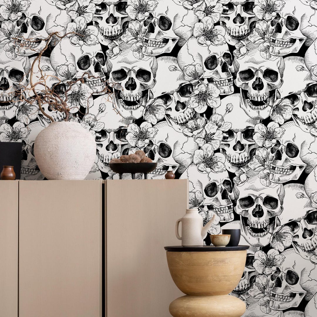 Gothic Wallpaper With a Floral Skull Tattoo Motif in Black and White ...