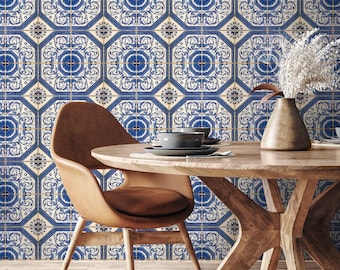 Tile Wallpaper with an Ornate Azulejo Motif in Blue, White, and Yellow - A417