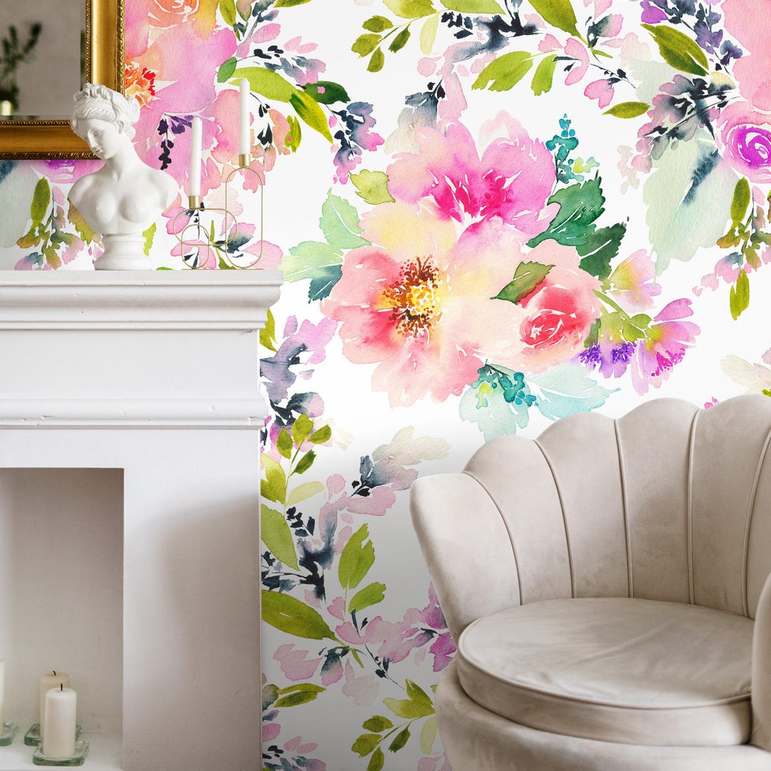 Watercolor Floral Contemporary Pink Wallpaper - A130 - Etsy