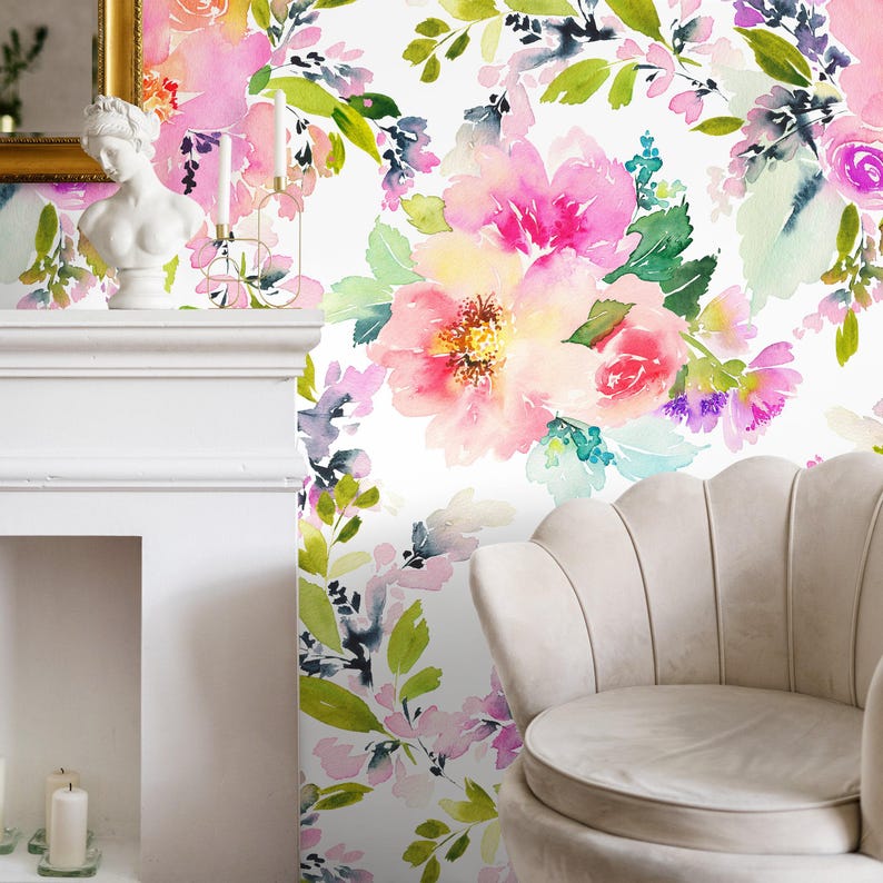 Watercolor Floral Contemporary Pink Wallpaper - A130 - Etsy
