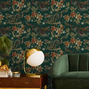 Chinoiserie Wallpaper Floral Dark Green Wallpaper Peel and Stick and Traditional Wallpaper D873 image 2