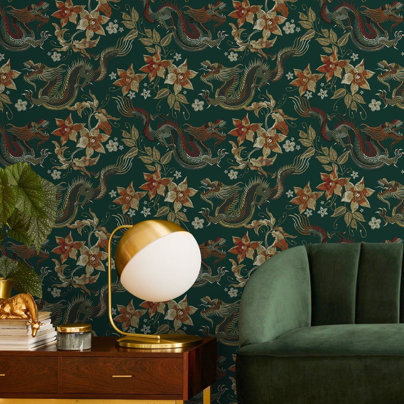 Chinoiserie Wallpaper Floral Dark Green Wallpaper Peel and Stick and Traditional Wallpaper D873 image 2