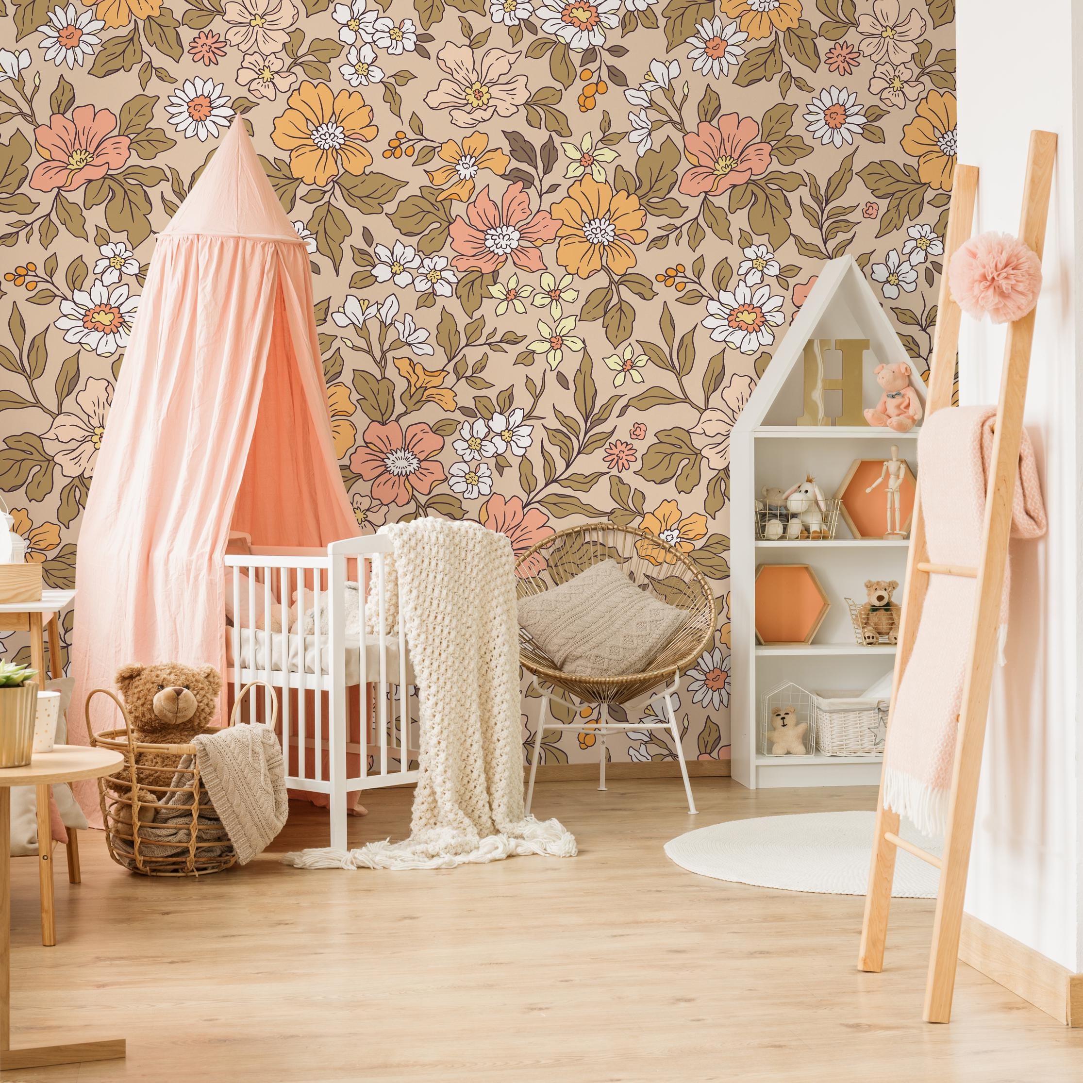 Floral Vintage Peach & Green Wallpaper - ZACD - Etsy