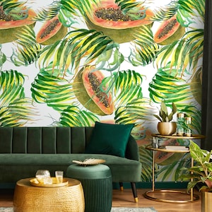 Mid-Century Tropical Green & Orange Wallpaper - A274